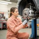 Automotive technician Sophia Martin checking brake components at a professional service centre