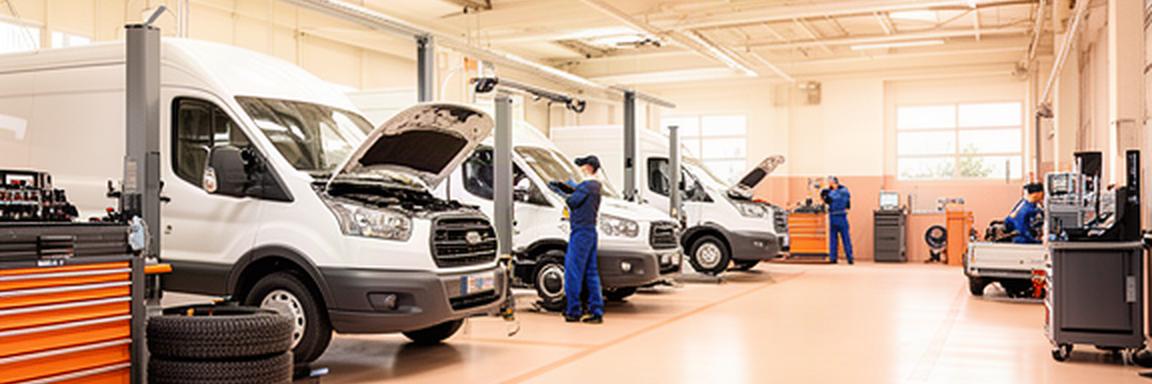 Commercial delivery vans and pickup trucks being inspected inside a clean Vaughan automotive workshop